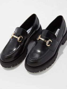 Steve Madden Lando Loafers Women 9.5 Black Slip On Chunky Lug Sole Classic Prepp